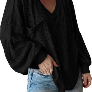 Womens Fall Fashion 2025 Long Sleeve Shirts Casual V Neck Ribbed Knit Blouses Pu